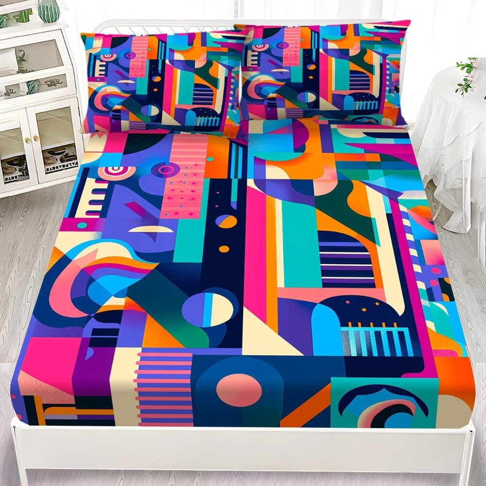 NWOT 3pcs Bold Geometric Abstract Design Queen Fitted Sheet Set